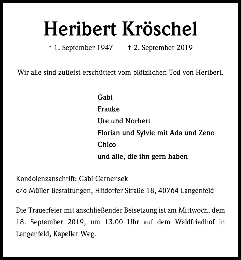  Traueranzeige für Heribert Kröschel vom 14.09.2019 aus Kölner Stadt-Anzeiger / Kölnische Rundschau / Express