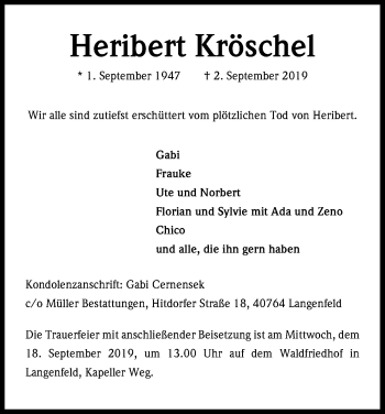 Anzeige von Heribert Kröschel von Kölner Stadt-Anzeiger / Kölnische Rundschau / Express