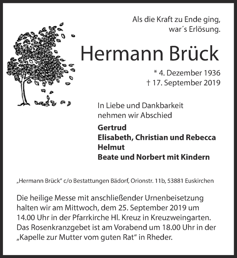  Traueranzeige für Hermann Brück vom 21.09.2019 aus  Blickpunkt Euskirchen 