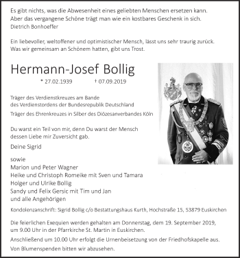 Anzeige von Hermann-Josef Bollig von  Blickpunkt Euskirchen 