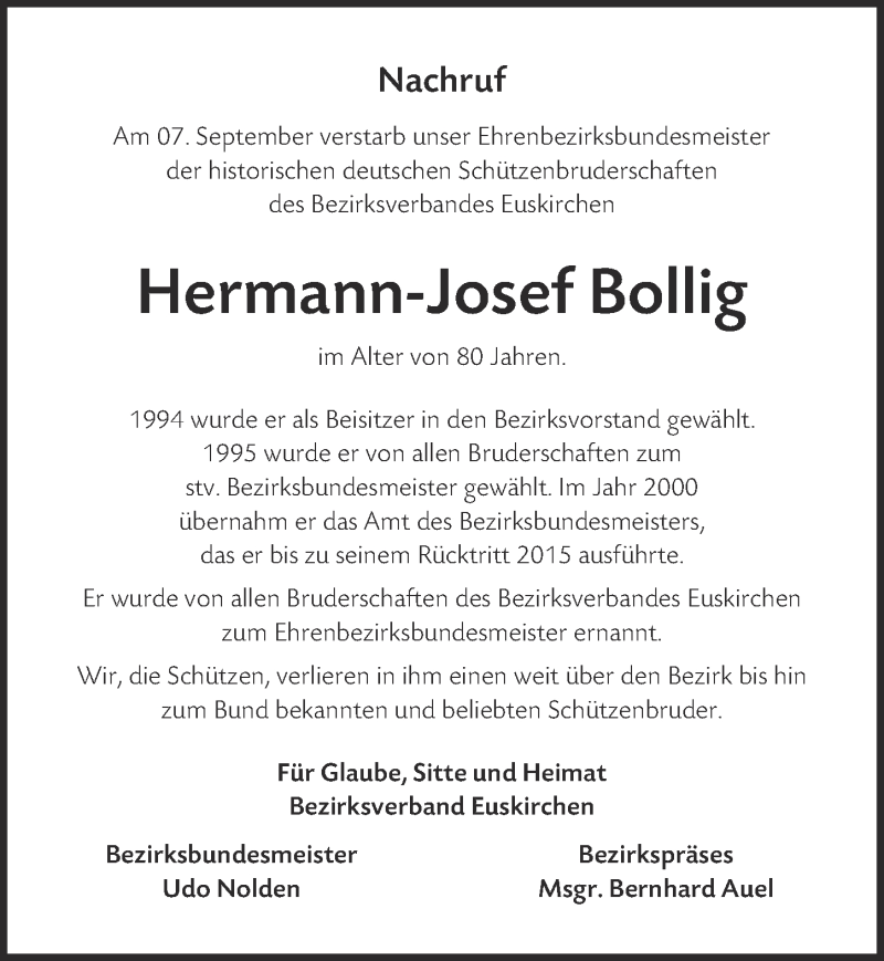  Traueranzeige für Hermann-Josef Bollig vom 21.09.2019 aus  Blickpunkt Euskirchen 