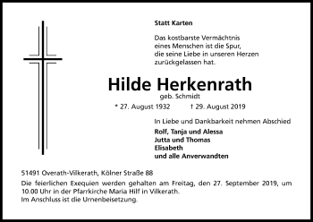 Anzeige von Hilde Herkenrath von Kölner Stadt-Anzeiger / Kölnische Rundschau / Express