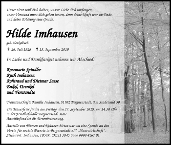 Anzeige von Hilde Imhausen von Kölner Stadt-Anzeiger / Kölnische Rundschau / Express