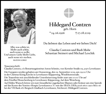 Anzeige von Hildegard Contzen von Kölner Stadt-Anzeiger / Kölnische Rundschau / Express