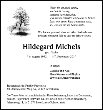 Anzeige von Hildegard Michels von Kölner Stadt-Anzeiger / Kölnische Rundschau / Express