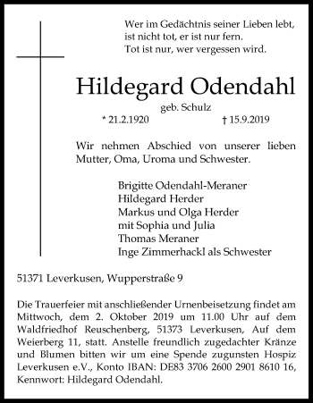 Anzeige von Hildegard Odendahl von Kölner Stadt-Anzeiger / Kölnische Rundschau / Express