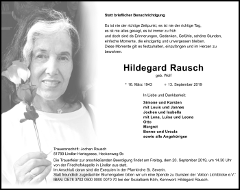 Anzeige von Hildegard Rausch von Kölner Stadt-Anzeiger / Kölnische Rundschau / Express