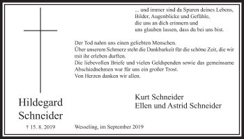 Anzeige von Hildegard Schneider von  Schlossbote/Werbekurier 