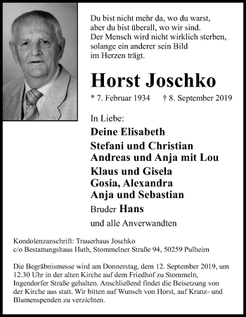 Anzeige von Horst Joschko von Kölner Stadt-Anzeiger / Kölnische Rundschau / Express