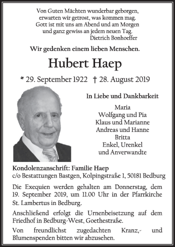 Anzeige von Hubert Haep von  Sonntags-Post 