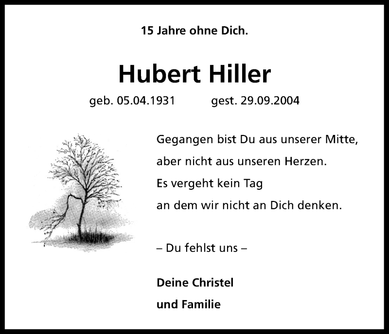  Traueranzeige für Hubert Hiller vom 30.09.2019 aus Kölner Stadt-Anzeiger / Kölnische Rundschau / Express