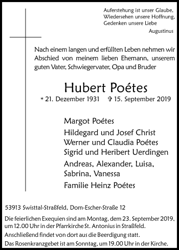 Anzeige von Hubert Poétes von Kölner Stadt-Anzeiger / Kölnische Rundschau / Express