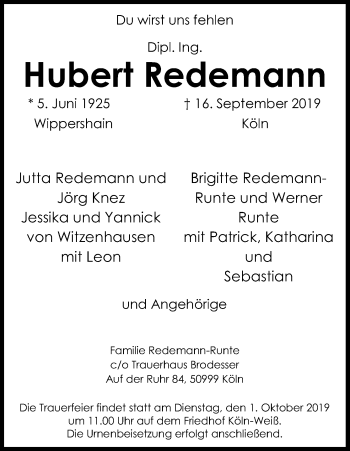 Anzeige von Hubert Redemann von Kölner Stadt-Anzeiger / Kölnische Rundschau / Express