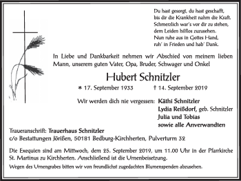 Anzeige von Hubert Schnitzler von  Sonntags-Post 
