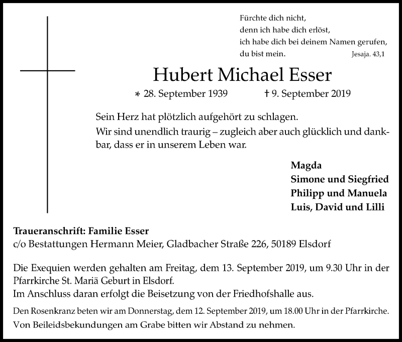  Traueranzeige für Hubert Michael Esser vom 11.09.2019 aus Kölner Stadt-Anzeiger / Kölnische Rundschau / Express