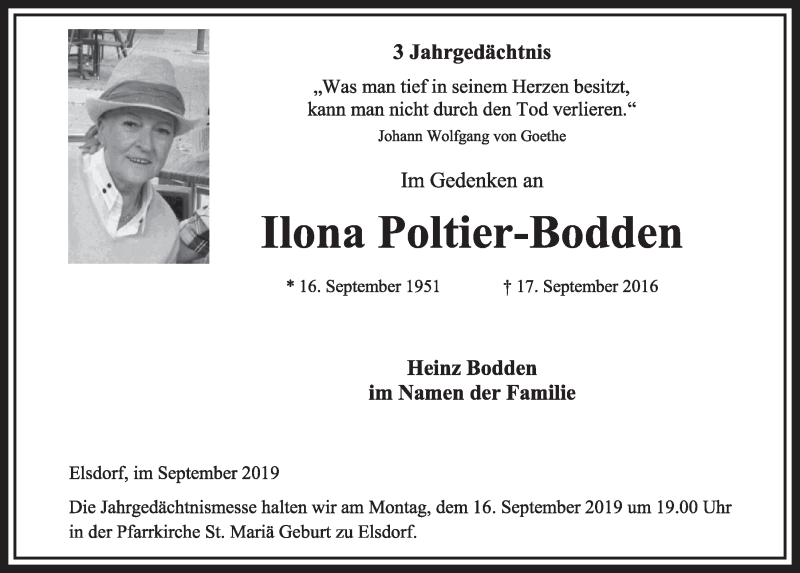  Traueranzeige für Ilona Poltier-Bodden vom 14.09.2019 aus  Sonntags-Post 