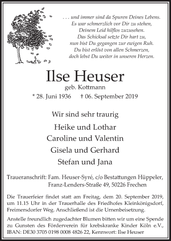 Anzeige von Ilse Heuser von  Sonntags-Post 