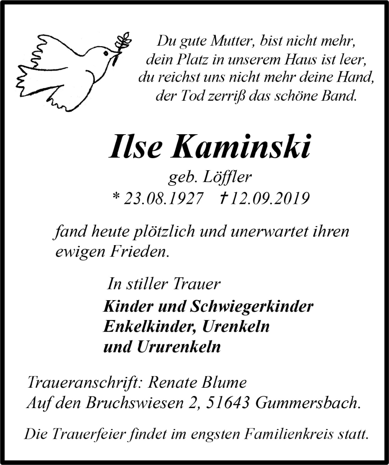  Traueranzeige für Ilse Kaminski vom 18.09.2019 aus  Anzeigen Echo 