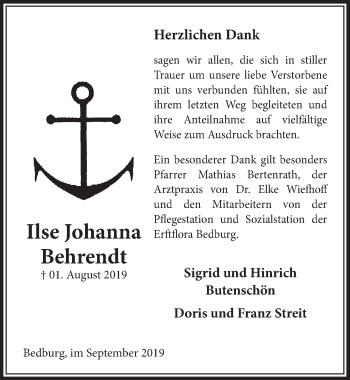 Anzeige von Ilse Johanna Behrendt von  Sonntags-Post 