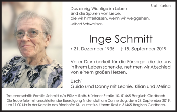 Anzeige von Inge Schmitt von Kölner Stadt-Anzeiger / Kölnische Rundschau / Express