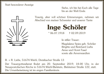 Anzeige von Inge Schöler von  Anzeigen Echo 