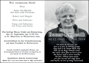 Anzeige von Ingeborg Bauer-Kmiecik von  Schlossbote/Werbekurier 