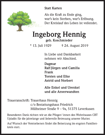 Anzeige von Ingeborg Hennig von Kölner Stadt-Anzeiger / Kölnische Rundschau / Express