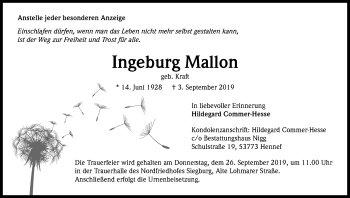 Anzeige von Ingeburg Mallon von Kölner Stadt-Anzeiger / Kölnische Rundschau / Express
