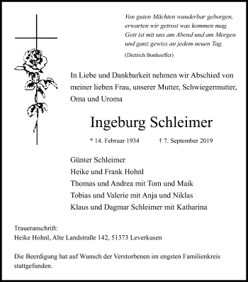 Anzeige von Ingeburg Schleimer von Kölner Stadt-Anzeiger / Kölnische Rundschau / Express