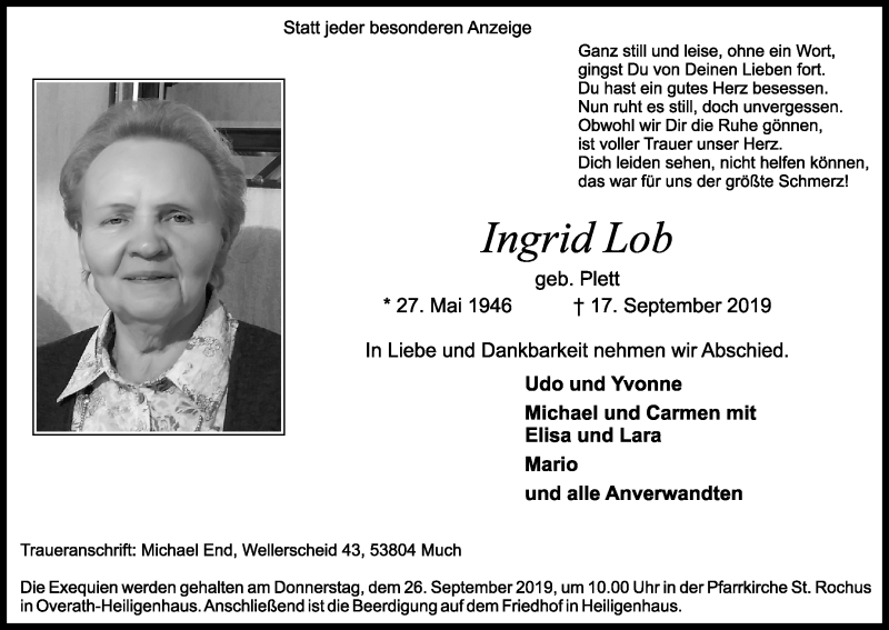  Traueranzeige für Ingrid Lob vom 21.09.2019 aus Kölner Stadt-Anzeiger / Kölnische Rundschau / Express