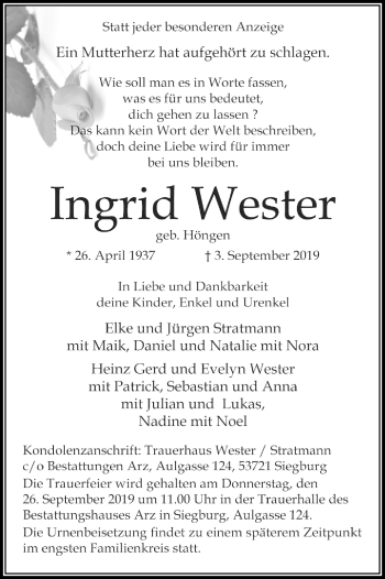 Anzeige von Ingrid Wester von Kölner Stadt-Anzeiger / Kölnische Rundschau / Express
