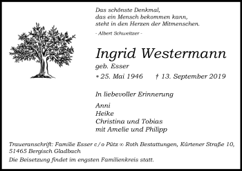 Anzeige von Ingrid Westermann von Kölner Stadt-Anzeiger / Kölnische Rundschau / Express