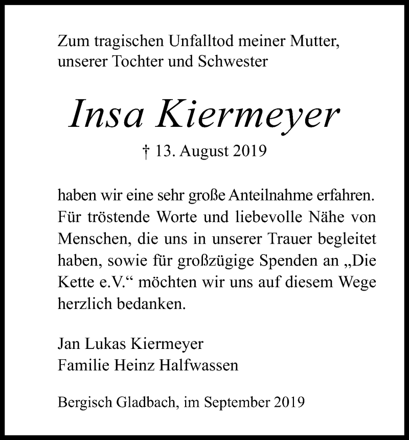  Traueranzeige für Insa Kiermeyer vom 21.09.2019 aus Kölner Stadt-Anzeiger / Kölnische Rundschau / Express
