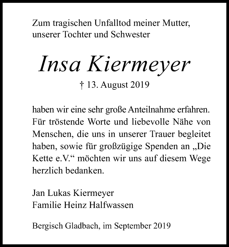  Traueranzeige für Insa Kiermeyer vom 18.07.2023 aus Kölner Stadt-Anzeiger / Kölnische Rundschau / Express