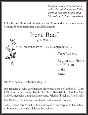 Anzeige von Irene Raaf von  Sonntags-Post 