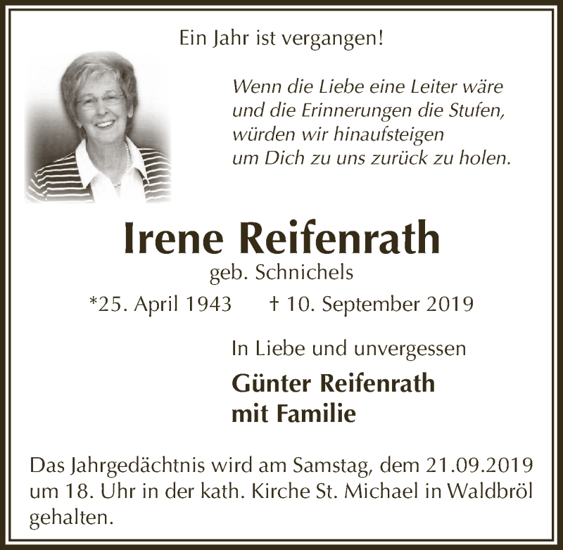  Traueranzeige für Irene Reifenrath vom 18.09.2019 aus  Lokalanzeiger 