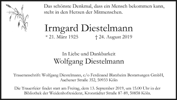 Anzeige von Irmgard Diestelmann von Kölner Stadt-Anzeiger / Kölnische Rundschau / Express