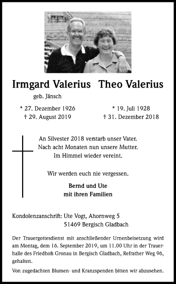 Anzeige von Irmgard Valerius von Kölner Stadt-Anzeiger / Kölnische Rundschau / Express