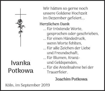 Anzeige von Ivanka Potkowa von  Kölner Wochenspiegel 