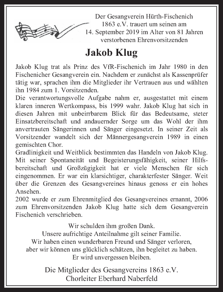  Traueranzeige für Jakob Klug vom 25.09.2019 aus  Wochenende 