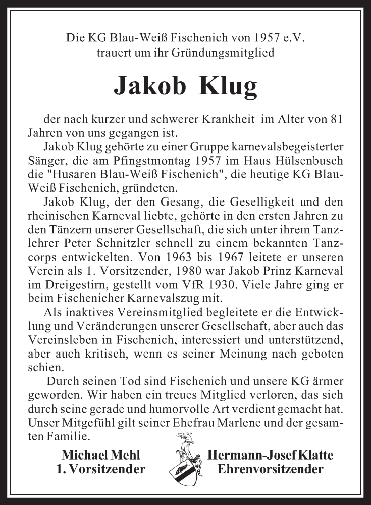  Traueranzeige für Jakob Klug vom 25.09.2019 aus  Wochenende 