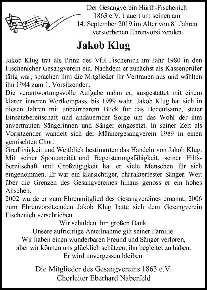  Traueranzeige für Jakob Klug vom 21.09.2019 aus Kölner Stadt-Anzeiger / Kölnische Rundschau / Express