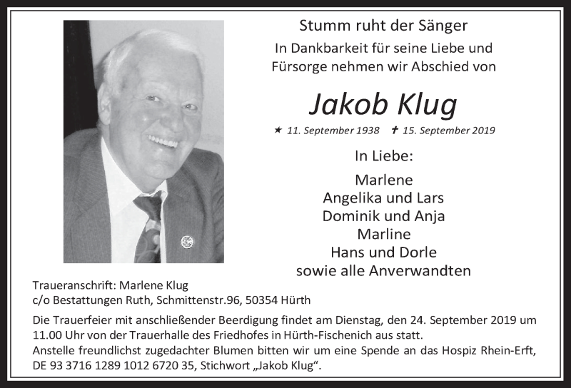  Traueranzeige für Jakob Klug vom 18.09.2019 aus  Wochenende 