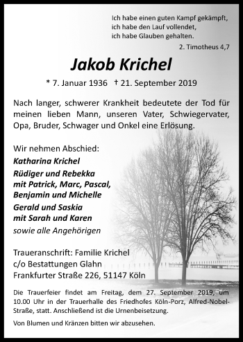 Anzeige von Jakob Krichel von  Kölner Wochenspiegel 