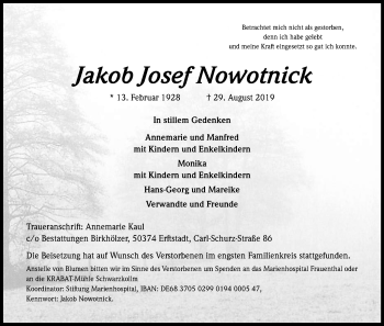 Anzeige von Jakob Josef Nowotnick von Kölner Stadt-Anzeiger / Kölnische Rundschau / Express