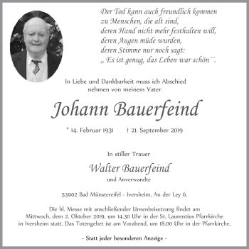 Anzeige von Johann Bauerfeind von  Blickpunkt Euskirchen 