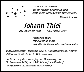 Anzeige von Johann Thiel von Kölner Stadt-Anzeiger / Kölnische Rundschau / Express