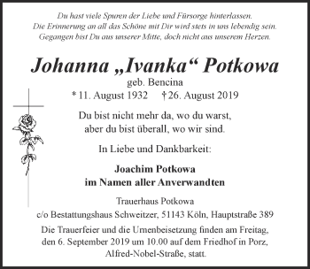 Anzeige von Johanna  Potkowa von  Kölner Wochenspiegel 