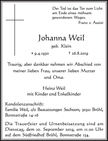 Anzeige von Johanna Weil von  Kölner Wochenspiegel 