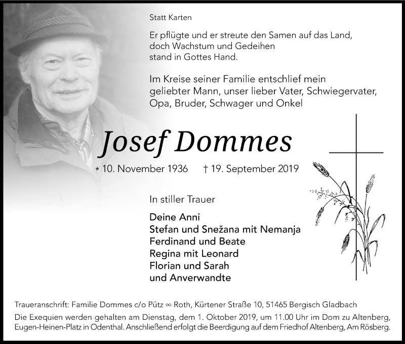  Traueranzeige für Josef Dommes vom 26.09.2019 aus Kölner Stadt-Anzeiger / Kölnische Rundschau / Express